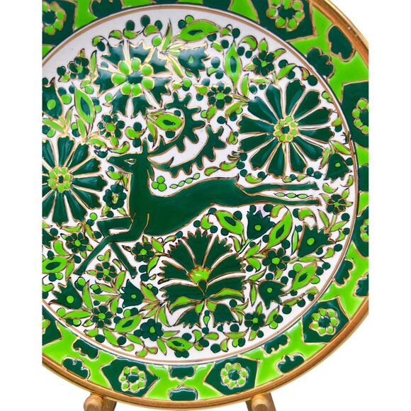 Vtg Nassos Rodos-Hellas Hand-Painted Ceramic Plate Deer Green Floral Greek 8.25" - Picture 3 of 7